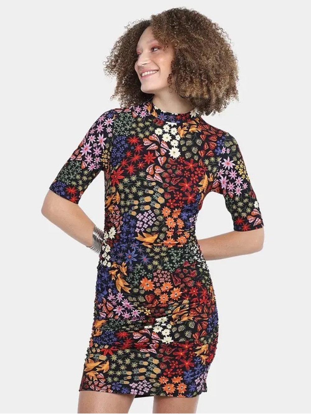 FARM Rio Fruit Garden Ruched Mini Dress Black Multi Women’s Small